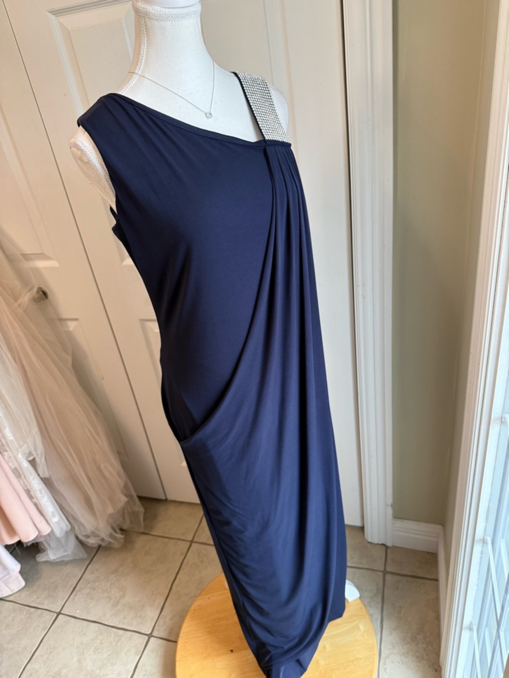 Karina Navy One-Shoulder Evening Gown with Crystal Strap - Picture 5 of 12